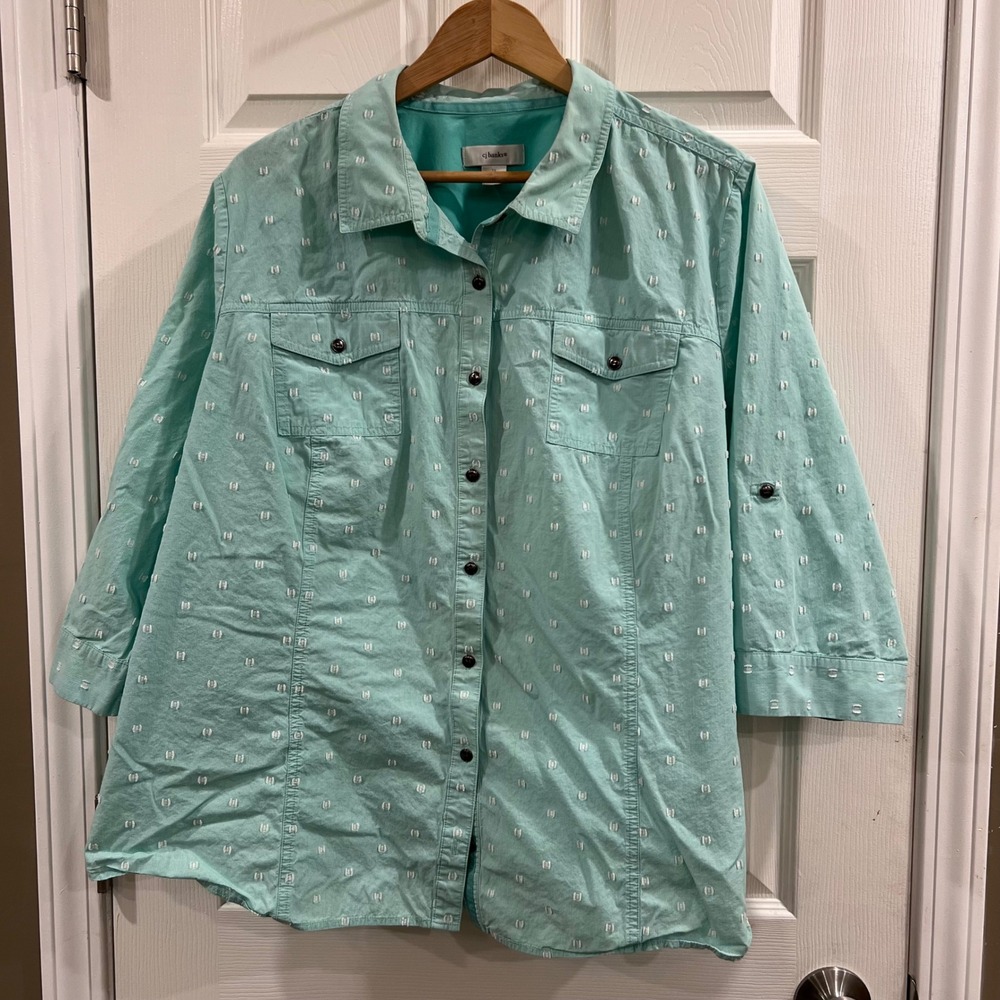 CJ Banks Mint Green Gingham Clip Dot Button Down Shirt 3X Cotton Roll Tab Sleeve